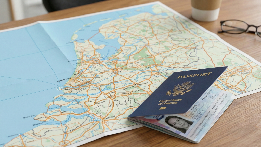 U.S. passport and application documents for the Dutch DAFT residence permit.