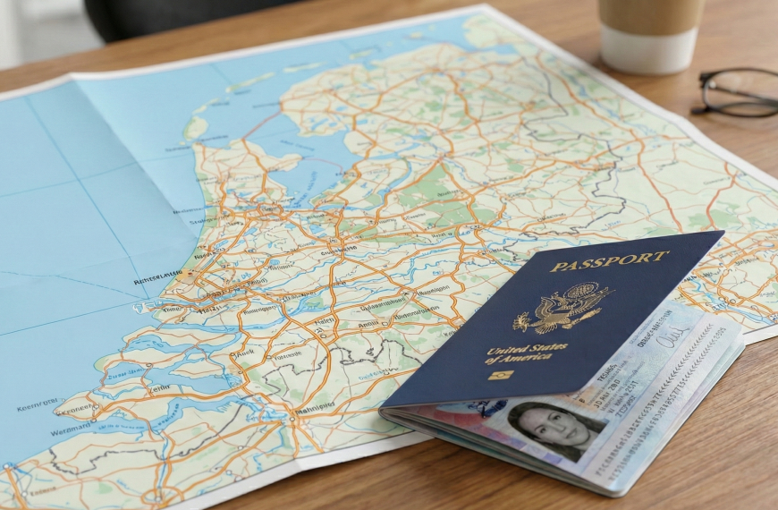 U.S. passport and application documents for the Dutch DAFT residence permit.